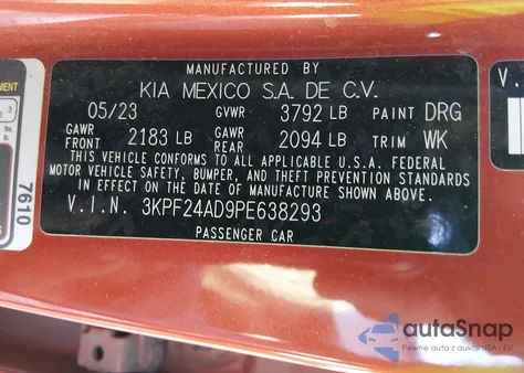 2023 Kia Forte Lxs z USA, uszkodzony, nr VIN 3KPF24AD9PE638293